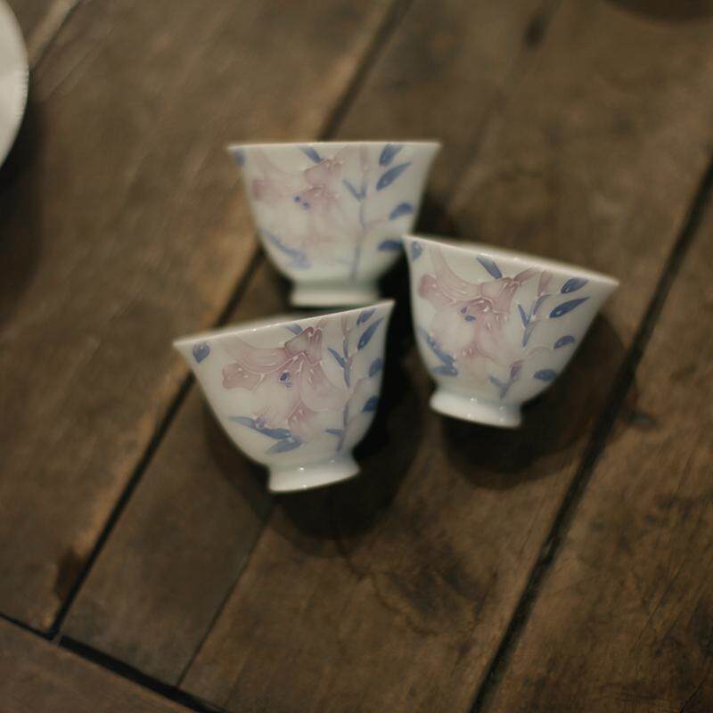 |宋青书院|《百合花》如是茶杯手绘粉彩茶具盖碗 景德镇文人茶器