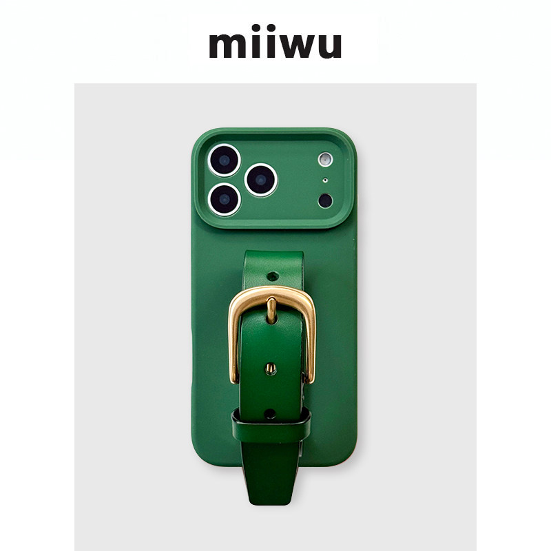 高级复古绿iphone17promax经典皮带经典铜扣腕带手机壳精孔苹果16/15系列原创设计保护套小众ins风手机保护壳