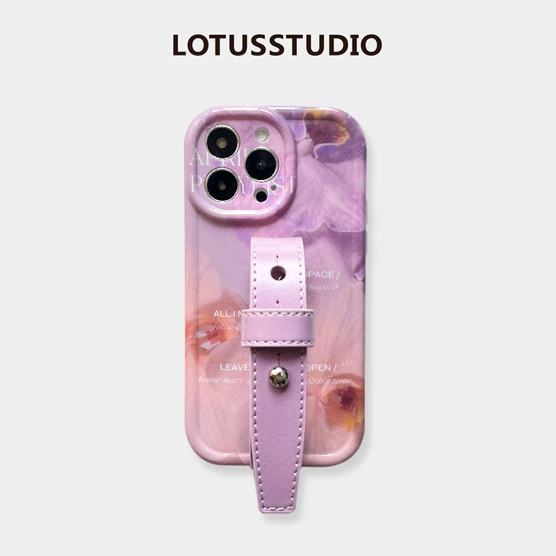 模糊花朵豆豆钉适用于苹果14promax腕带手机壳2023年新款iphone13系列精孔原创12保护套ins清新磨砂软壳防摔