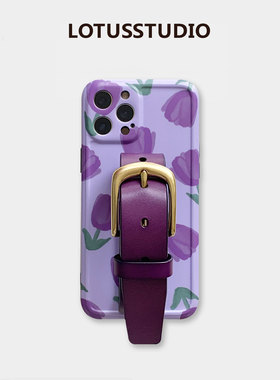 郁金香紫色复古少女植鞣牛皮适用于苹果12Pro手腕带11手机壳全包华为mate30p ro