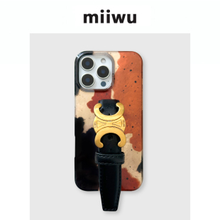 金棕复古vtg斑驳奶牛纹手机壳凯旋门适用苹果16promax手机壳牛皮腕带新款 15系列原创保护套小众 iphone14