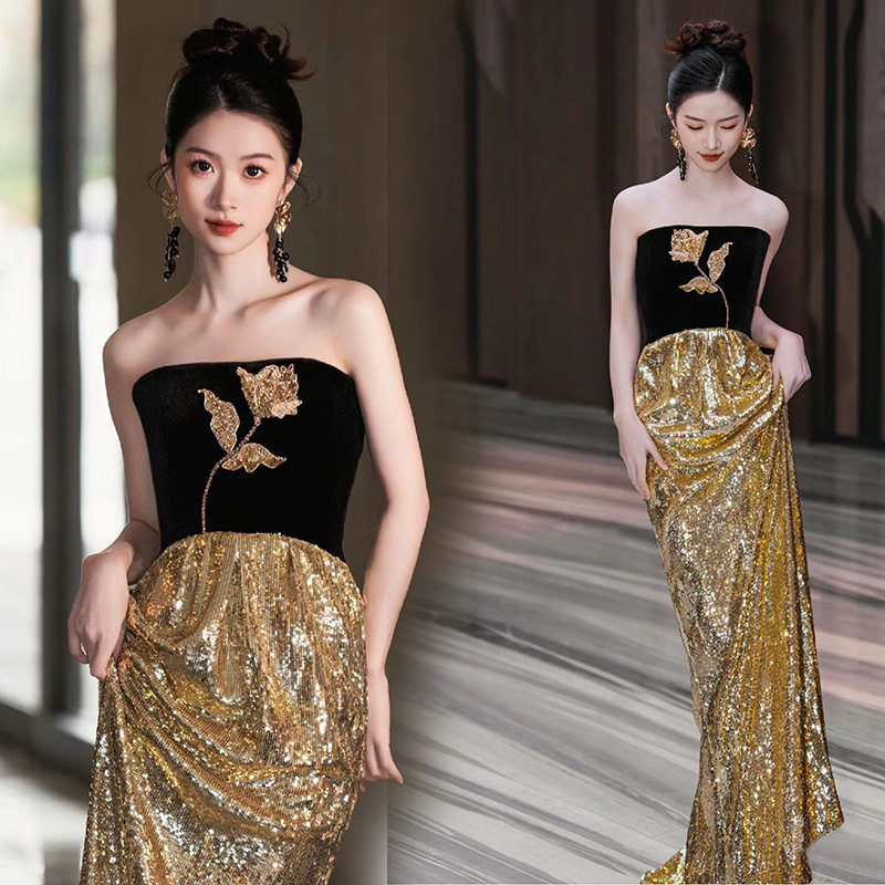 纸醉金迷 黑色拼金色2026新娘结婚敬酒服宴会演出主持人婚纱礼服