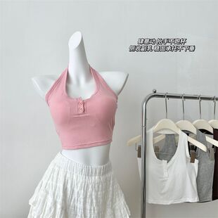韩版 辣妹时尚 外穿内搭带胸垫修身 上衣潮 性感纯欲挂脖吊带背心夏季