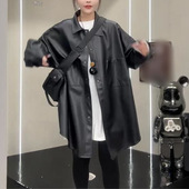 感休闲皮衬衫 2026秋季 休闲黑色宽松百搭时尚 韩版 外套女潮 新款