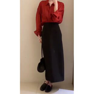 法式红色衬衫连衣裙子女秋季2026新款小个子气质长裙穿搭一整套装