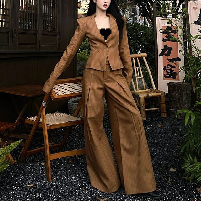 时尚西装套装女2026春秋新款复古美式辣妹穿搭显瘦外套阔腿裤两件