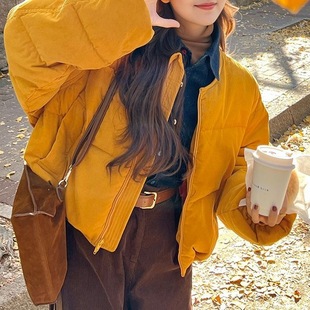 橘黄色加厚保暖面包服2026年冬季新款小个子通勤风加厚抽绳棉服
