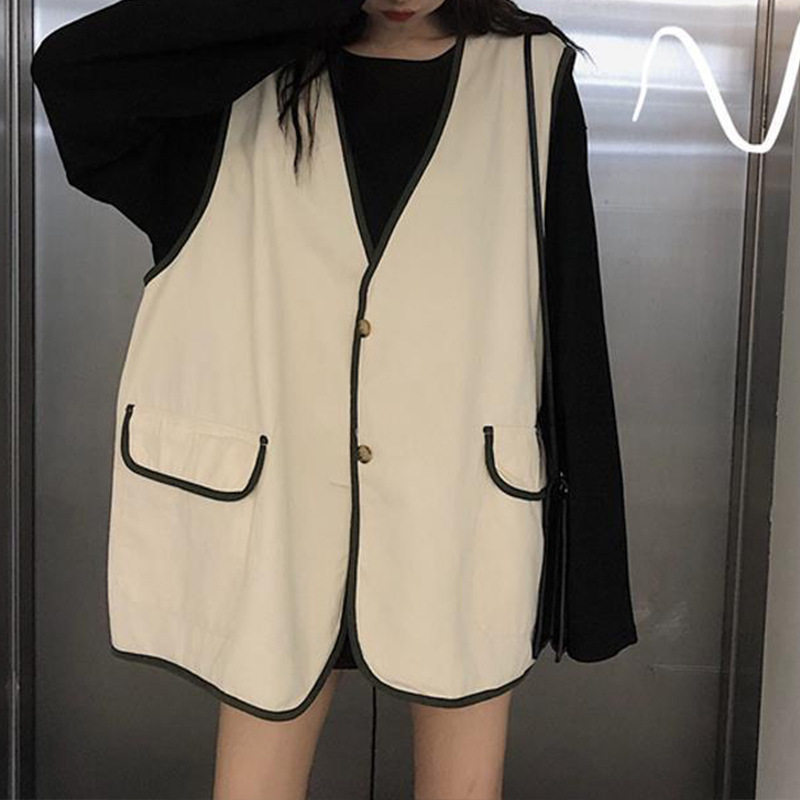 套装女春秋2026新款韩版薄款宽松BF百搭V领工装马甲长袖T恤两件套