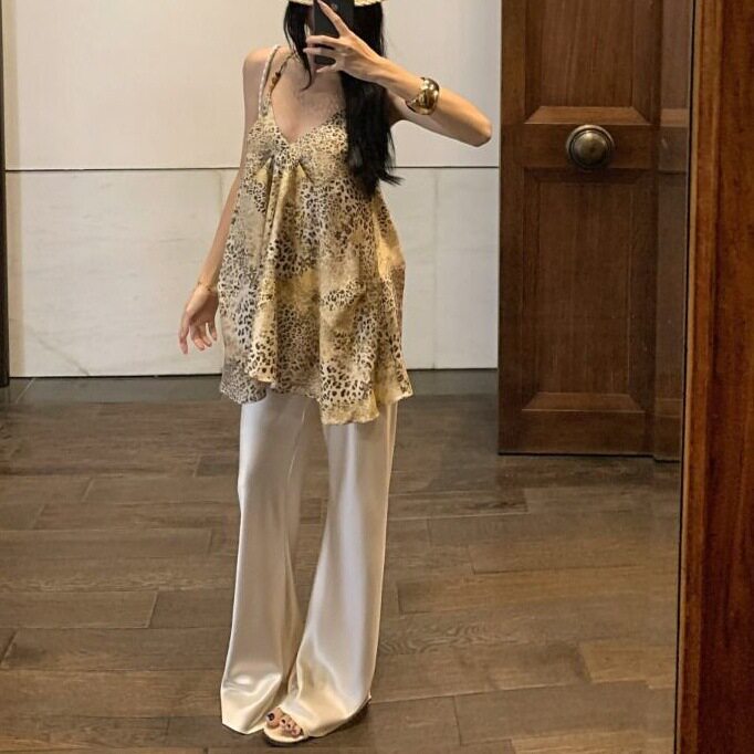 新款韩系不规则豹纹挂脖吊带背心女装夏季时尚休闲裤直筒裤两件套