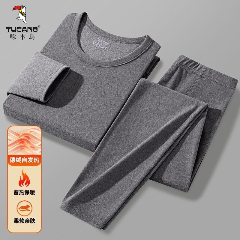 Woodpecker Self-Heating Double-Sided German Velvet Autumn/Winter Men's Thermal Underwear Men's Set, Dad Cold-Resistant Thermal Clothing and Pants