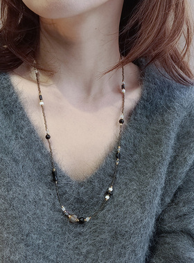 清冷风黑灰色串珠长款项链