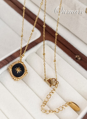 黑色椭圆形芒星吊坠法式项链