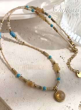 天然石黄蓝色串珠项链女款