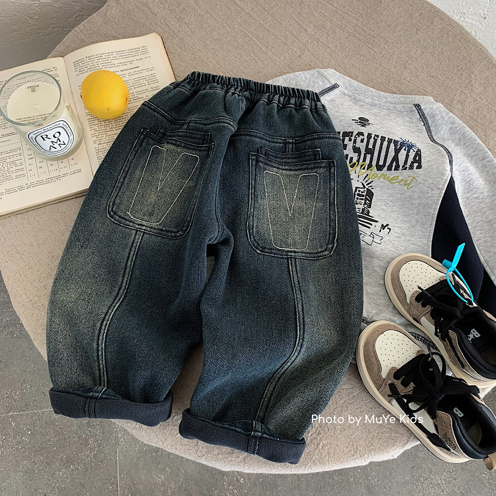 男童加绒牛仔裤深色磨白加厚保暖裤休闲长裤2025冬季韩版宽松百搭