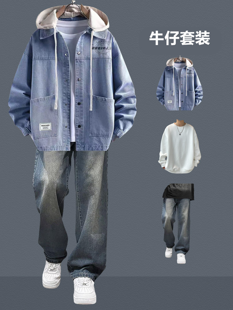 Kişi üçün nazik denim ceket dəsti, boş kəsim, 3 hissəli