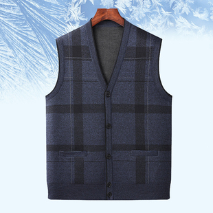 爸爸春装针织开衫V领宽松大码老人外搭马甲格子休闲马夹背心
