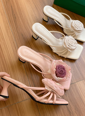 羊皮版～高跟鞋气质凉鞋2026夏季玫瑰花方头粗跟时尚配裙子凉拖鞋