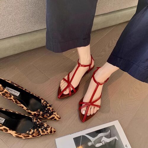 羊皮版～法式交叉细带凉鞋女