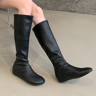 ～小个子平底内增高圆头瘦瘦靴长靴女弹力靴加绒百搭马丁靴 真皮版