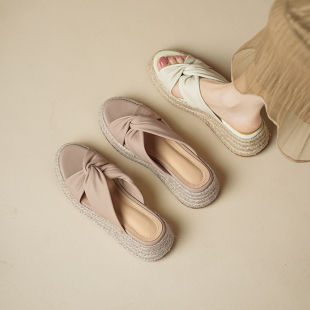 女2026年夏草编坡跟防水台高跟鞋 厚底露趾交叉带凉鞋 法式 羊皮版