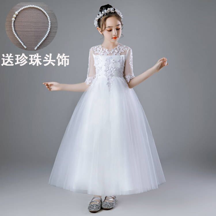 儿童公主裙白色主持人小女孩花童婚礼礼服蓬蓬纱女童婚纱蝴蝶结