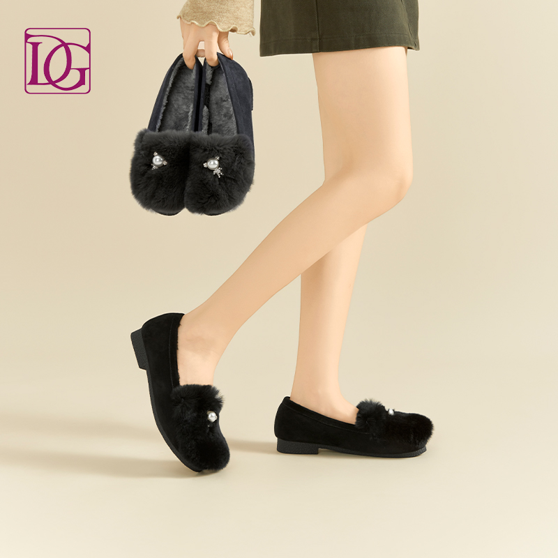 【商场同款】真皮毛毛鞋女外穿2025年新款秋冬加绒加厚平底乐福鞋