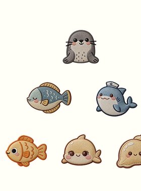 原创海洋生物图案布贴自粘款免裁剪刺绣贴儿童衣服裤子装饰补丁贴