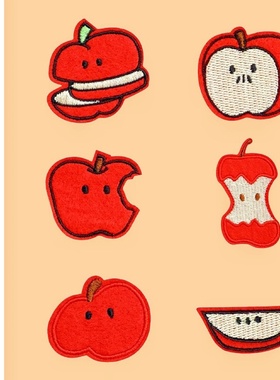 卡通红苹果自粘刺绣贴手账书包iPad手机壳装饰布贴衣服裤子补丁贴