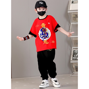 六一儿童演出服装男童嘻哈街舞架子鼓青龙中国风幼儿园走秀潮装