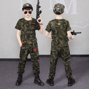 小孩当兵的衣服男童纯棉短袖长裤套装夏装学生军训幼儿六一演出服