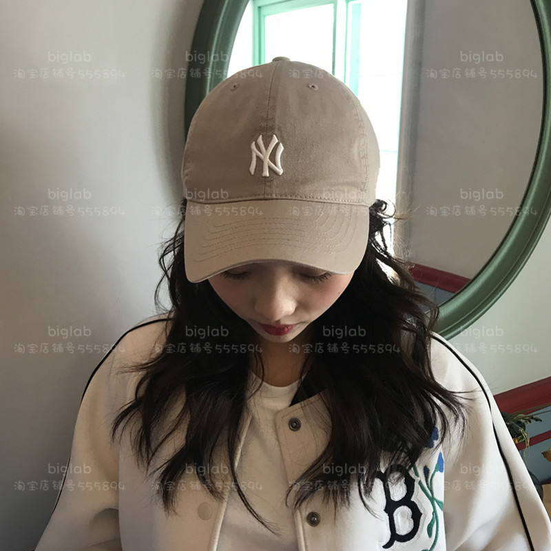 韩国mlb专柜棒球帽女la小标米色百搭鸭舌帽男遮阳帽卡其色帽子