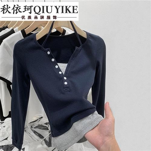 修身长袖t恤上衣早秋短款假两件