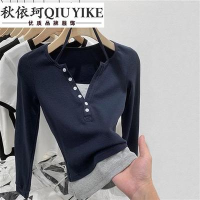 修身长袖t恤上衣早秋短款假两件