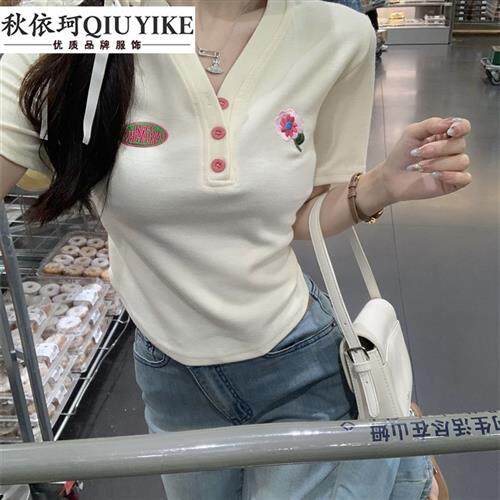 v领正肩小众短袖别致短款女上衣