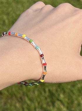 彩虹串珠彩色弹力绳手链戒指潮男女竹节糖果色手工编织手串指环le