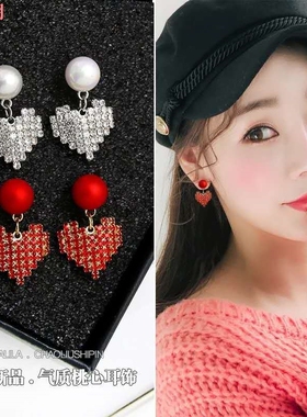 瑞铂朗2019新款潮人时尚耳钉S925纯银针爱心红白珍珠短款耳环小清