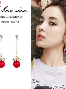 瑞铂朗2019韩版长款白珍珠耳环S925纯银针锆石领结流苏耳钉女设计