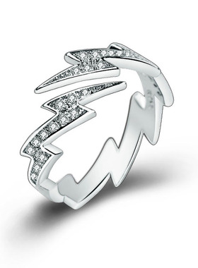 欧美风弯曲心电图波浪镶钻银戒指
