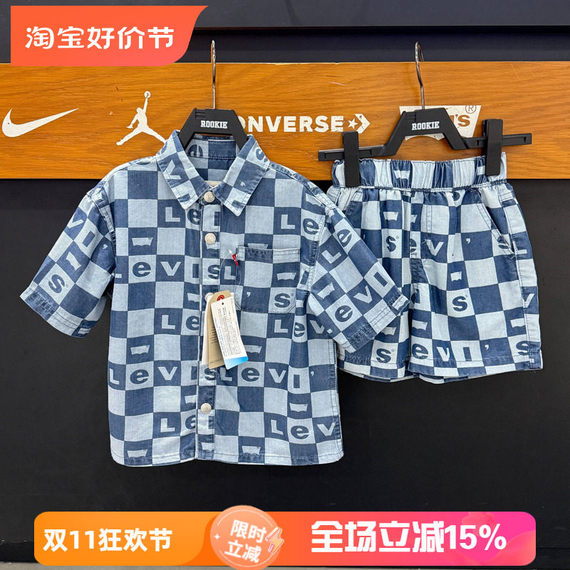 李维斯童装经典短袖牛仔格子衬衫夏款宽松百搭轻薄衬衣 LV2522005