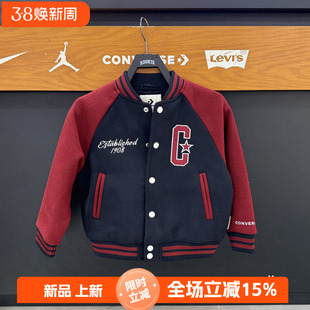 匡威童装新年款经典棒球夹克春大格子毛呢皮革拼接外套 CV2612271