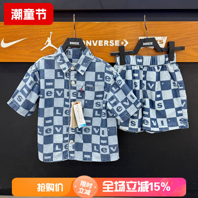 李维斯童装经典短袖牛仔格子衬衫夏款宽松百搭轻薄衬衣 LV2522005