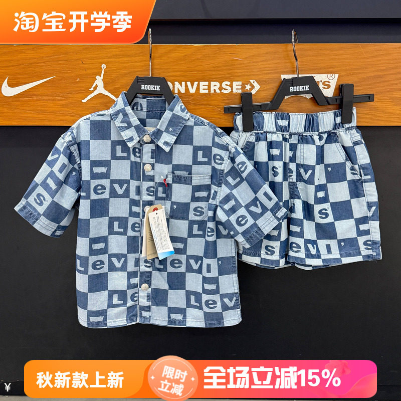 李维斯童装经典短袖牛仔格子衬衫夏款宽松百搭轻薄衬衣 LV2522005