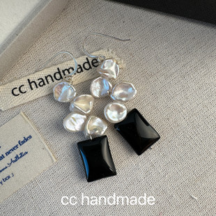 cc手作 天然淡水珍珠花瓣设计几何黑玛瑙耳环耳钉耳夹简约百搭