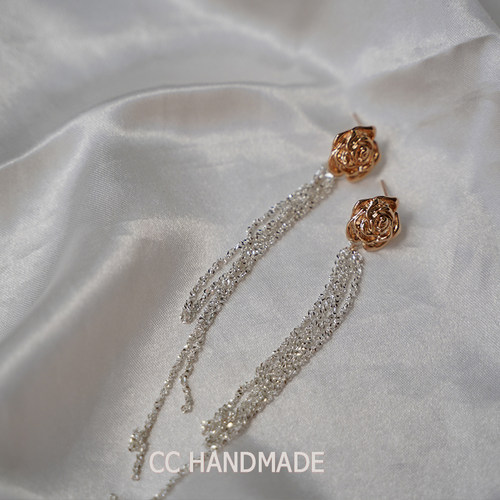 cc手作玫瑰花朵金温柔流苏耳环