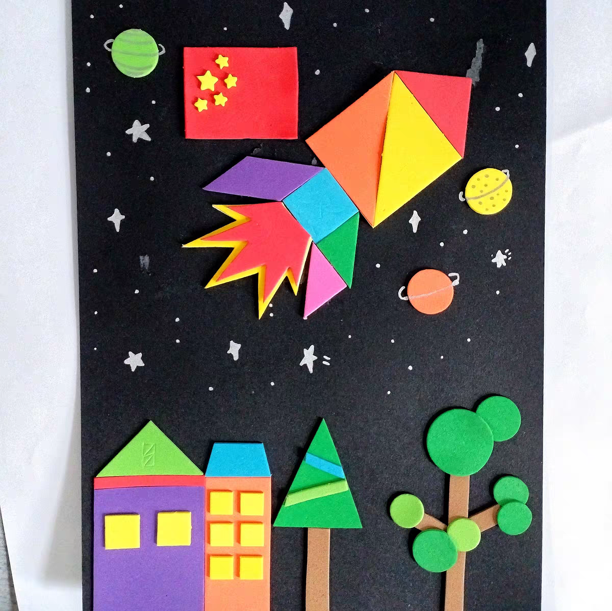 送卡纸 七巧板火箭几何图形贴纸 数学七巧板创意画手抄报材料包