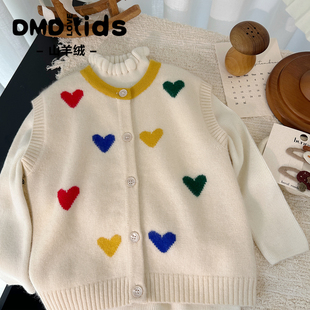 DUMENGDUO 女童纯山羊绒马甲开衫男童宝宝背心坎肩爱心毛衣加厚款