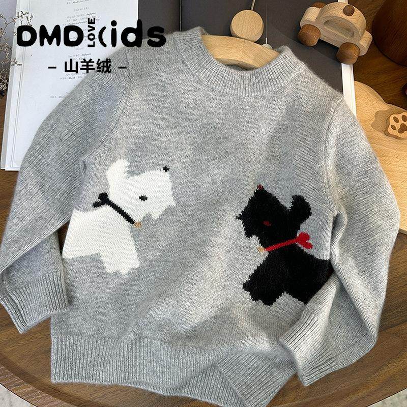 DUMENGDUO 秋冬男童羊绒衫卡通小狗毛衣女宝宝灰色洋气打底衫加厚