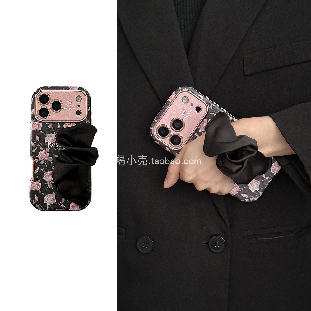 大视窗高级玫瑰花粉黑丝巾手腕带17promax手机壳适用于iph
