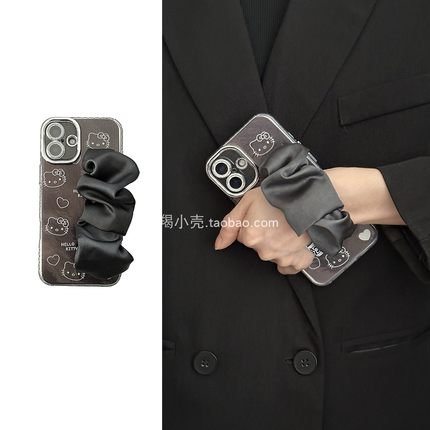 【自带镜头膜】高级黑灰kitty猫丝巾手腕带6pro适用iphone15promax苹果14手机壳11褶皱弹力12新款13PM防摔