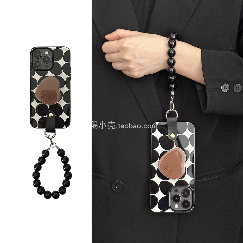 简约小众黑白几何椭圆字母支架手机壳16promax串珠链条15pm适用于iPhone14pro韩风12/13防摔11软套